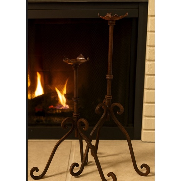 Vintage Wrought Iron Rustic Set Of (2) 16”& 21” Gothic Regency Candle Holders - Picture 1 of 16